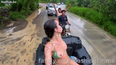 FlashingEmma - Stripping Down & Naked Quad Bike Ride Under The Rain