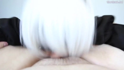 NieR 2B Cosplay - Japanese Miko Kurozuki Gets Facefucked Like Machine!